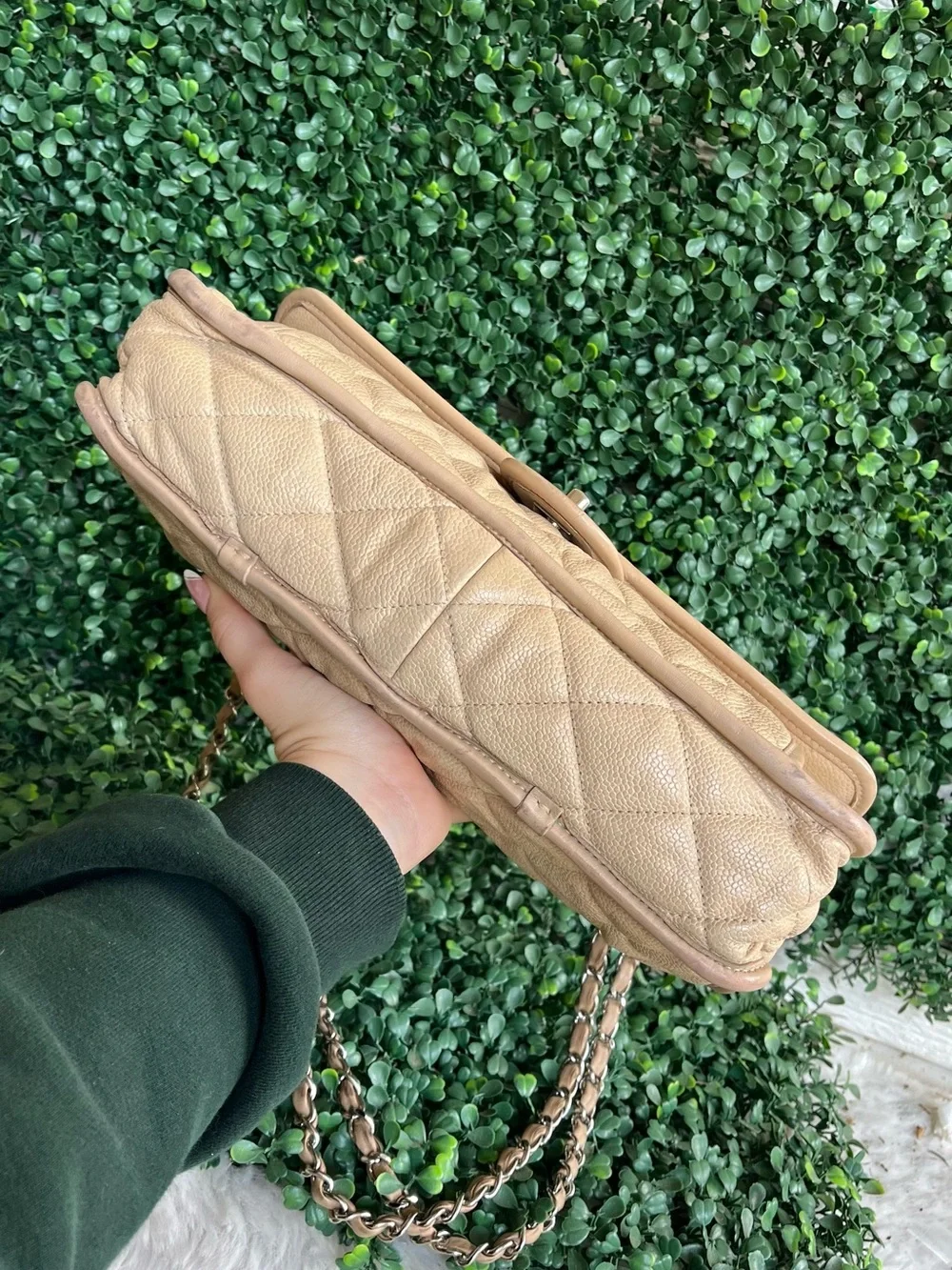 CHANEL Beige Quilted Leather Shoulder Bag with Silver-Tone CC